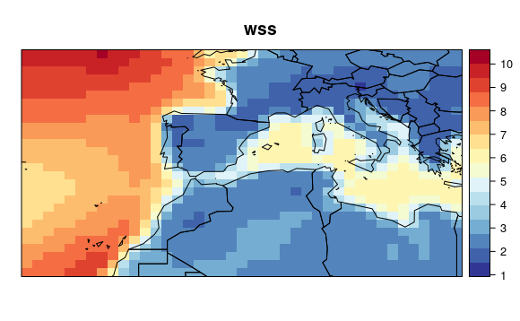 Figure 4. Historical (1961-90) CMIP5 data for wind speed (wss).