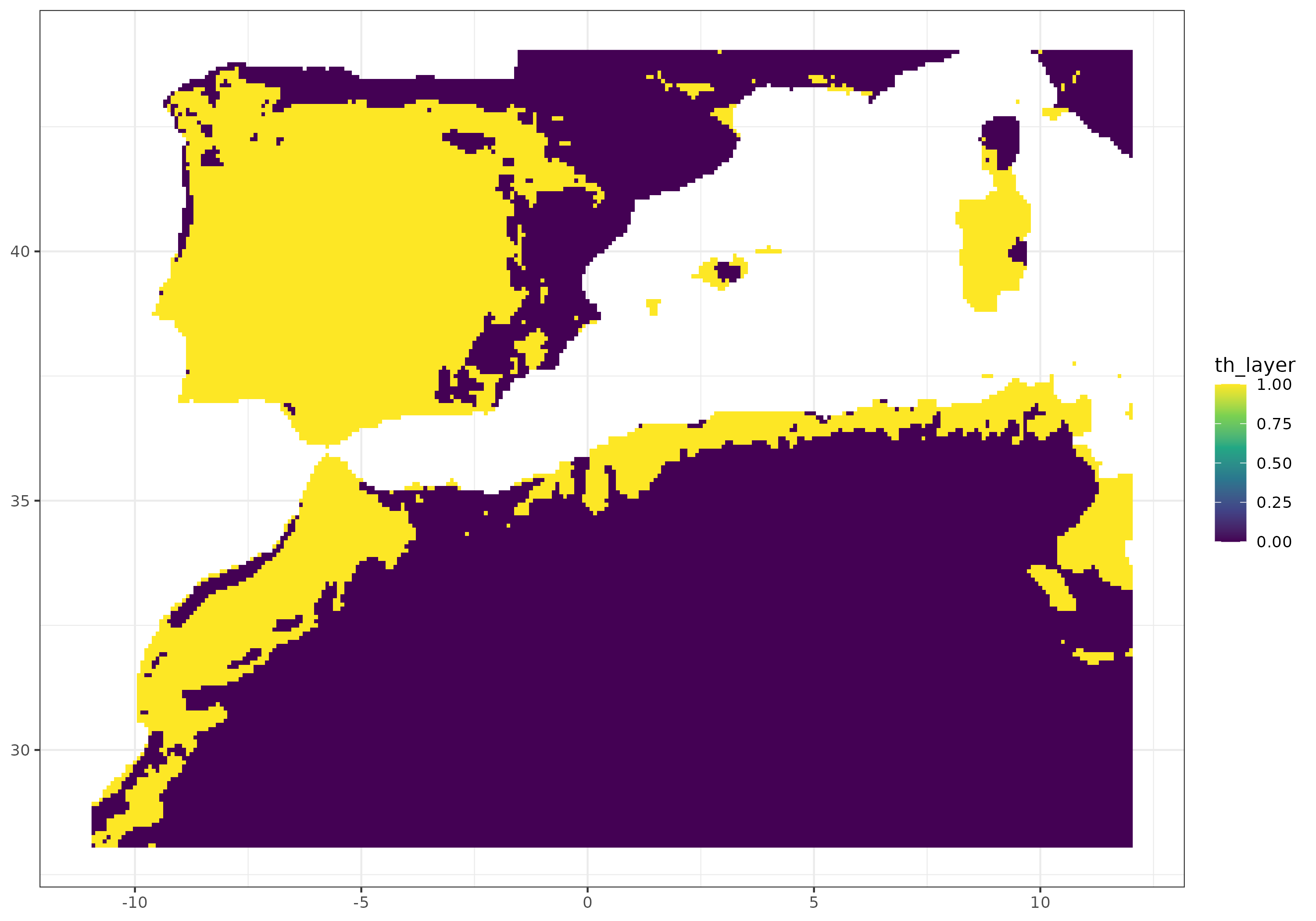 Figure 6. Thresholded (binary) mean predicted distribution under past climate conditions.